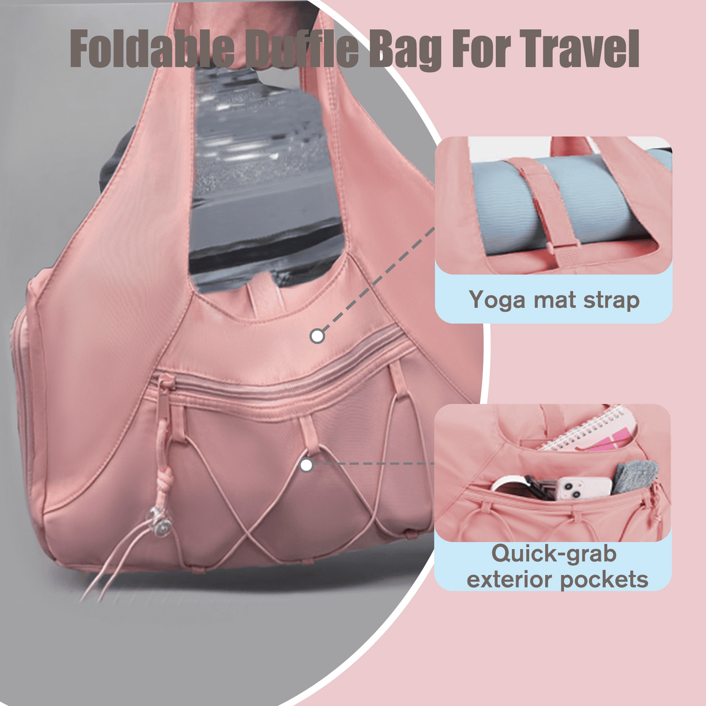 Waterproof Gym Bag Women Men, Foldable Sports Duffle Bag with Water Bottle Carrier Bag, Lightweight Travel Duffle Bag with Shoe Compartment for Gym, Yoga, Travel, Pink