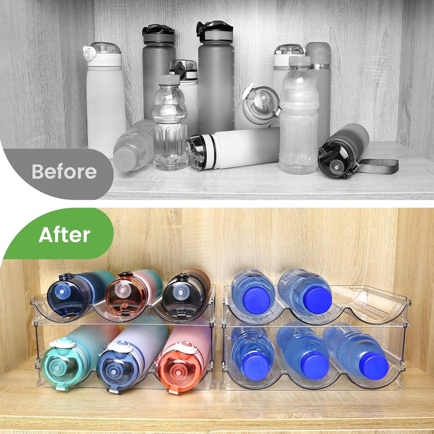 Effortlessly Organize Your Water Bottles with Our Stackable 2-Pack Water Bottle Storage Rack - Perfect for Cabinets and Refrigerators!