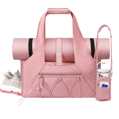 Waterproof Gym Bag Women Men, Foldable Sports Duffle Bag with Water Bottle Carrier Bag, Lightweight Travel Duffle Bag with Shoe Compartment for Gym, Yoga, Travel, Pink