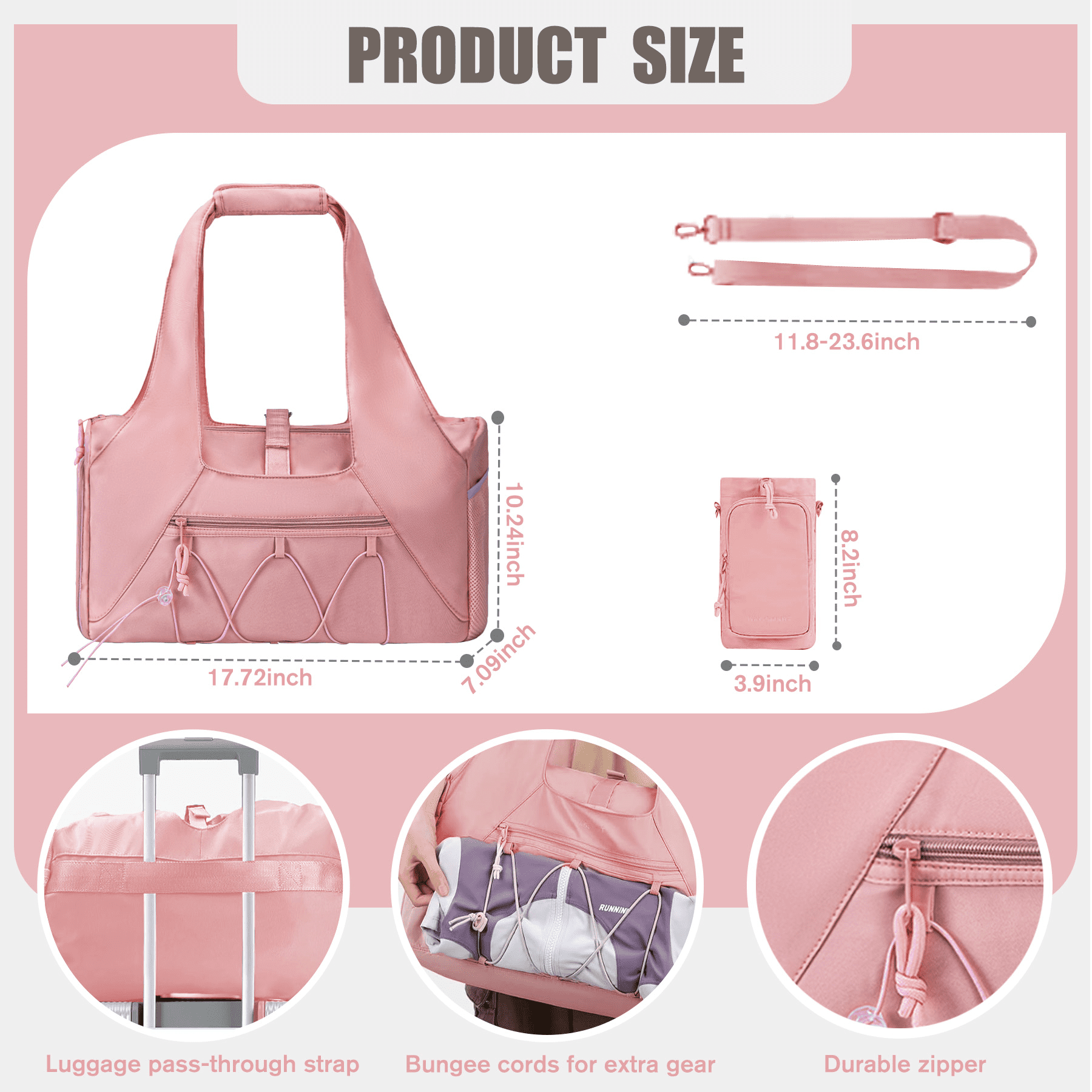 Waterproof Gym Bag Women Men, Foldable Sports Duffle Bag with Water Bottle Carrier Bag, Lightweight Travel Duffle Bag with Shoe Compartment for Gym, Yoga, Travel, Pink