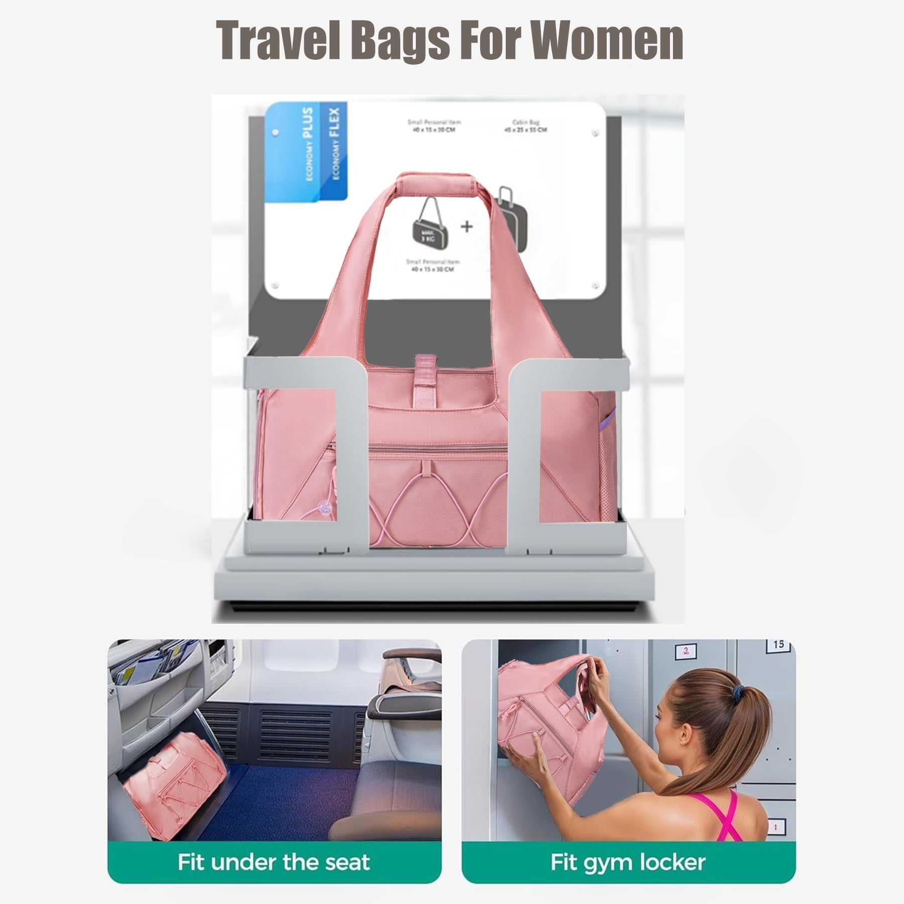 Waterproof Gym Bag Women Men, Foldable Sports Duffle Bag with Water Bottle Carrier Bag, Lightweight Travel Duffle Bag with Shoe Compartment for Gym, Yoga, Travel, Pink