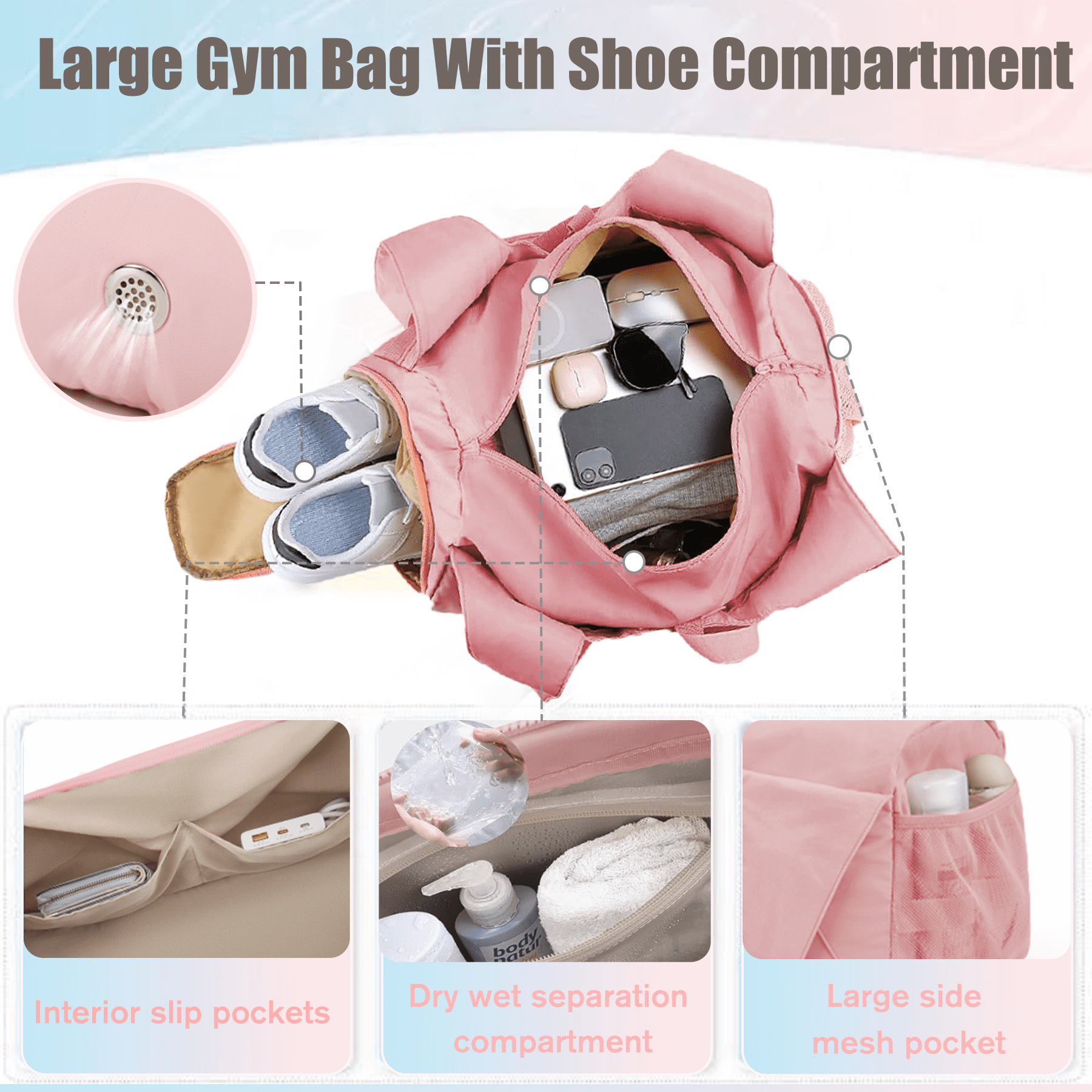 Waterproof Gym Bag Women Men, Foldable Sports Duffle Bag with Water Bottle Carrier Bag, Lightweight Travel Duffle Bag with Shoe Compartment for Gym, Yoga, Travel, Pink